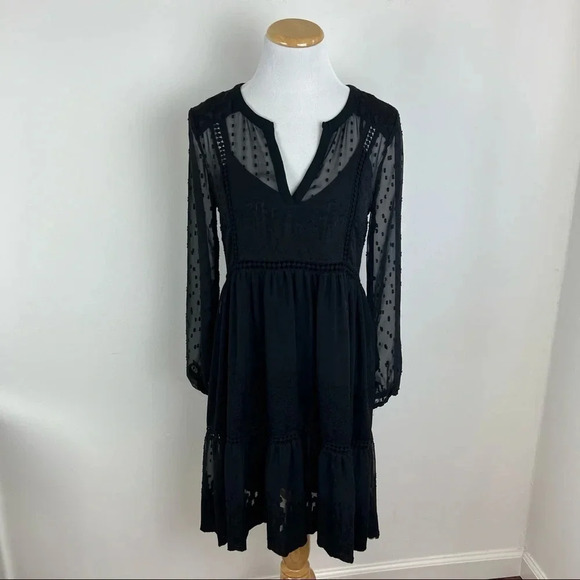 Anthropologie Vanessa Virginia Sheer Lace black Boho Long Sleeve Dress Size 0 - Picture 2 of 11